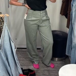 Nordstrom NWT Sage Green Pleated High Waist Linen Blend Wide Leg Pants Open Edit